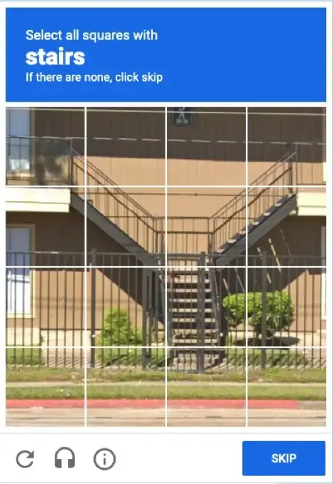 An example of a CAPTCHA image test; users must identify all images with stairs.
