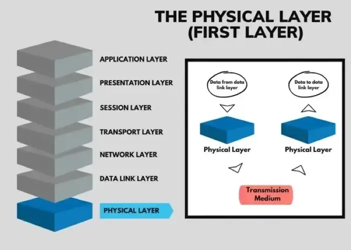 A graphic depicting the location of the physical layer in the OSI model
