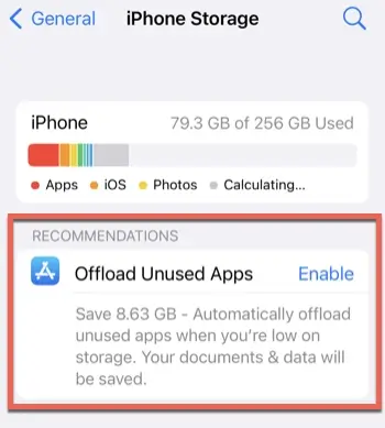 Click Offload Unused Apps to clear your iPhone app cache.